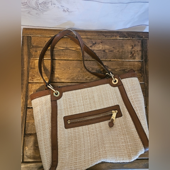 Ralph Lauren Woven Straw Beige Tote Bag Classic Preppy Hangbag - Picture 5 of 15